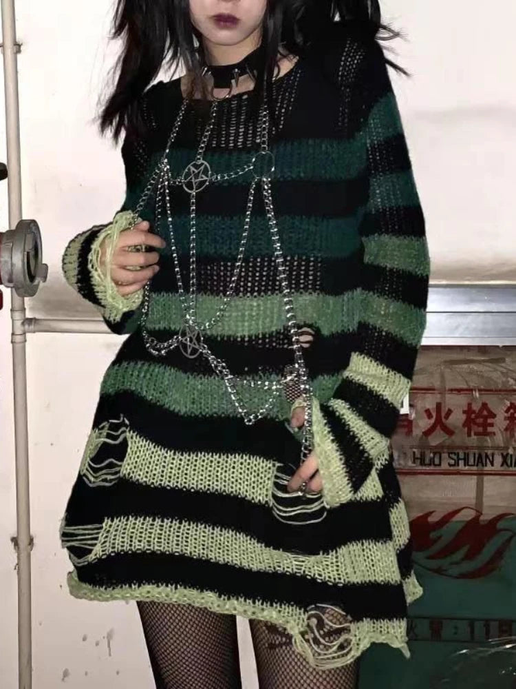 Punk Gothic Long Unisex Sweater Summer Women Striped Cool Hollow Out Hole Broken Jumper Loose Rock Thin Dark Streetwear Top