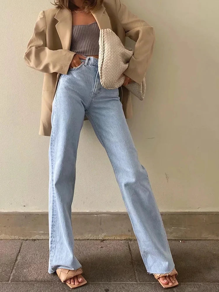 Cryptographic Casual Fashion Straight Leg Women's Jeans Denim Bottom Long High Waist Baggy Jeans