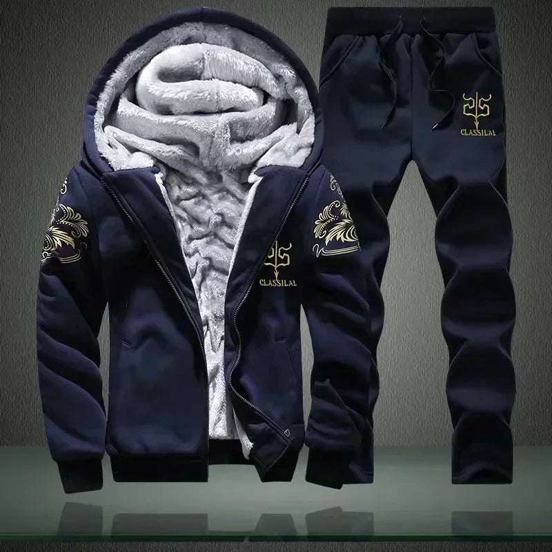 Thick Men Sports Suit Tracksuit Hooded Sportswear Zipper Cardigan Hooded Woolen Trousers Pants Casual Men Set