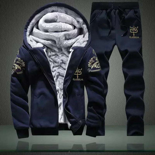 Thick Men Sports Suit Tracksuit Hooded Sportswear Zipper Cardigan Hooded Woolen Trousers Pants Casual Men Set