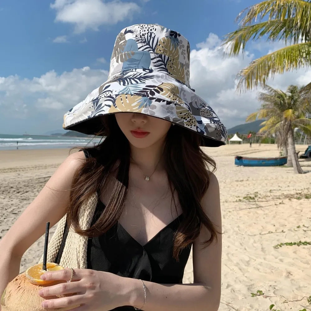 Women Wide Brim Summer Sun Hat Wired Edge Beach Bucket Fishing Hats Reversible Foldable Travel UV Protection
