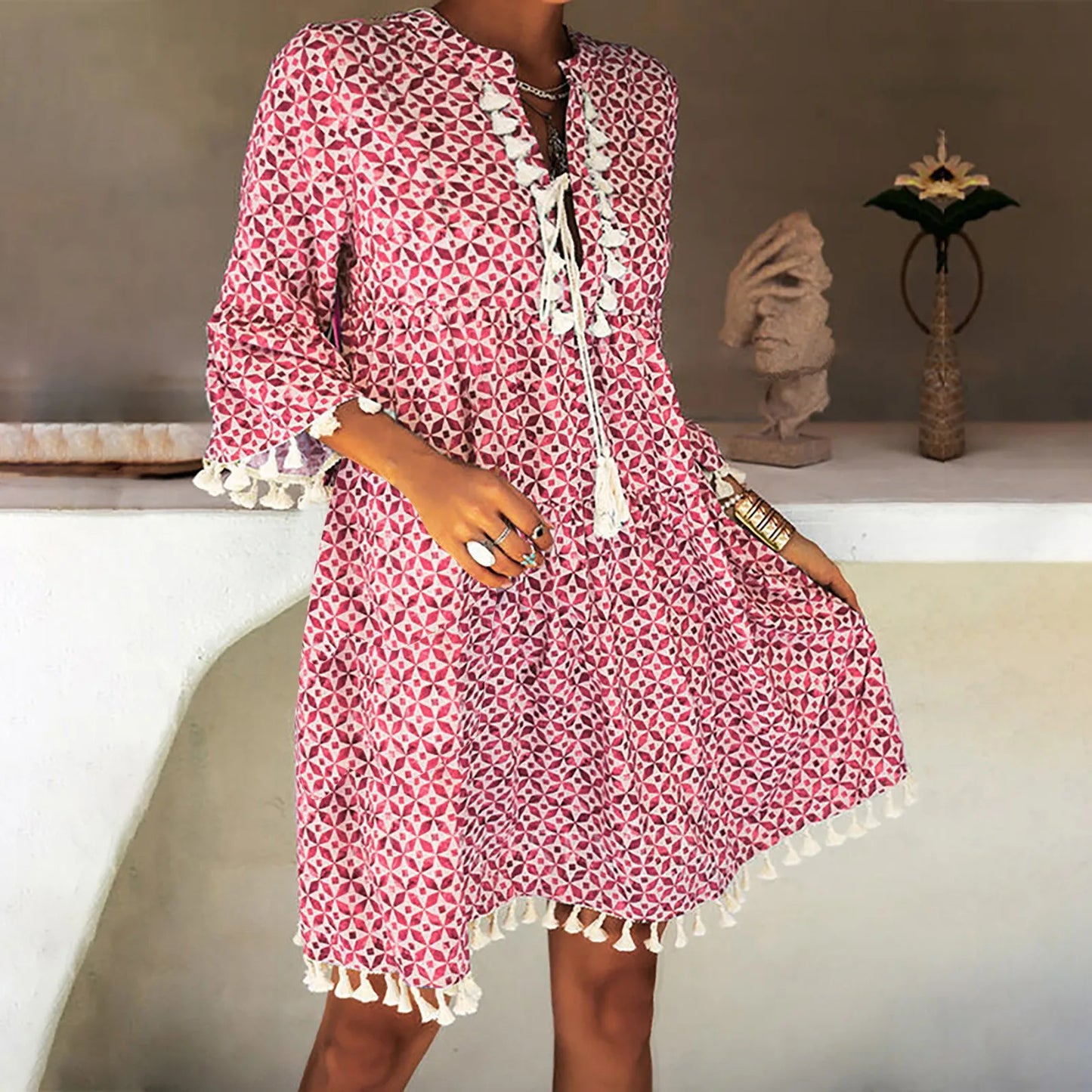Ladies Lace Trim V Neck Short Sleeve Loose  Dress with Pockets Fashion Women Summer Casual Bohemian Print Dress