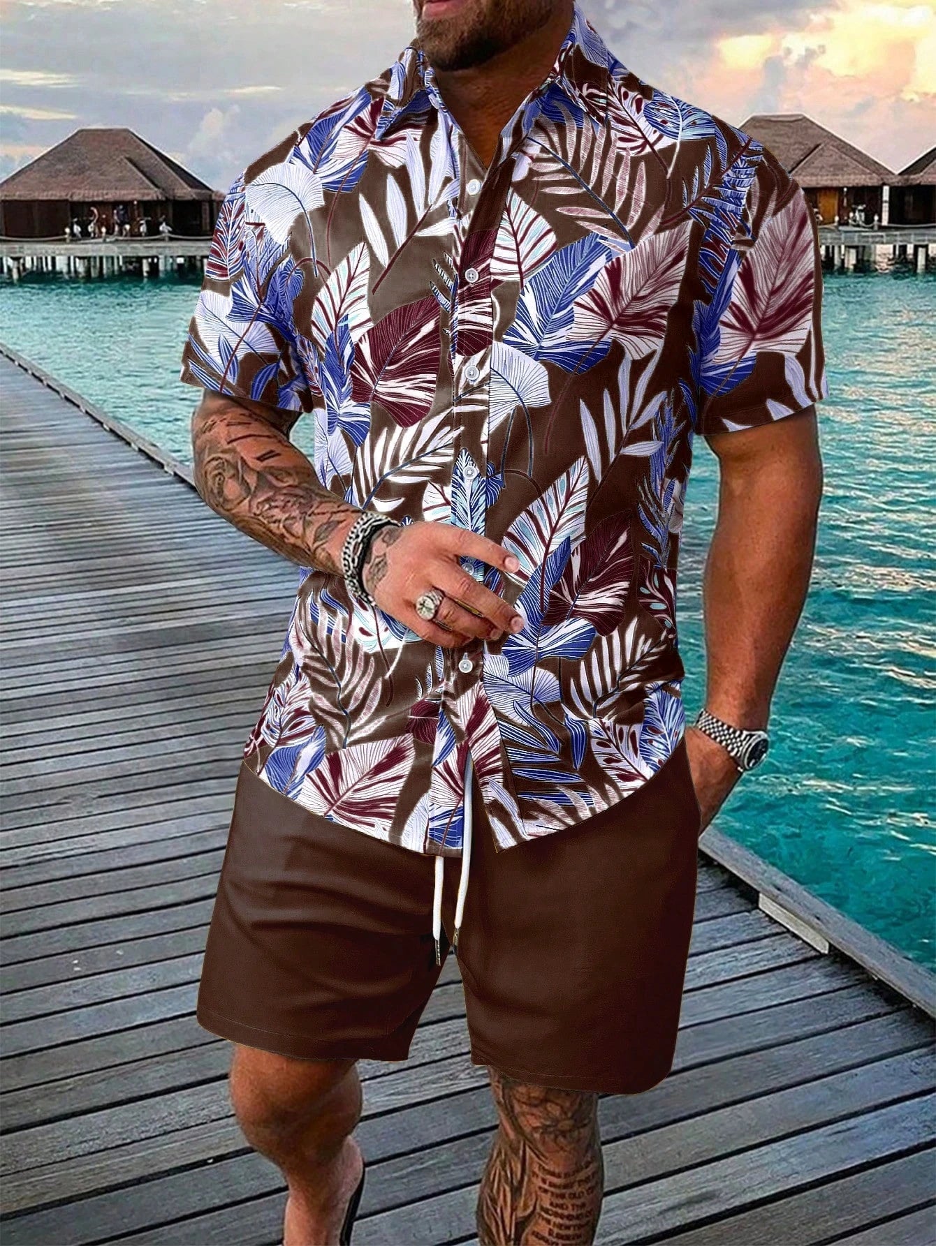 Summer Palm Tree 3D Print Men Shirts Beach Shorts Sets Hawaiian Short Sleeve Shirt Shorts 2 PCS  Hawaiian Suits Street Clothes