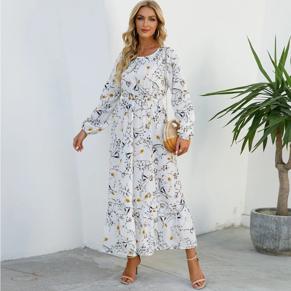 Bohemian Women's Maxi Dress Casual Long Sleeve High Waist Beach Woman Chiffon Dresses Floral