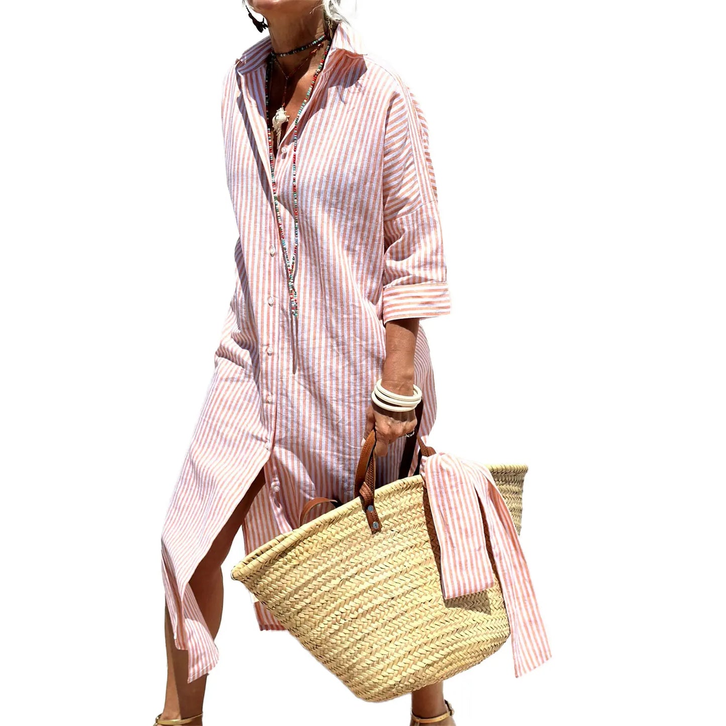 Casual V-Neck Short Sleeve Striped Button Up Midi Dress with Belt and Pockets