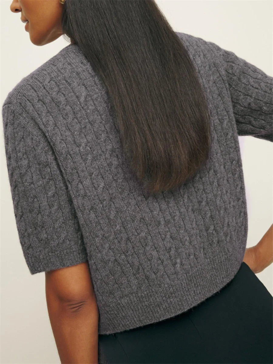Elegant Women's Cashmere Cardigan with V-Neckline and Ribbed Trim Lightweight Button Down Short Sleeve Sweater