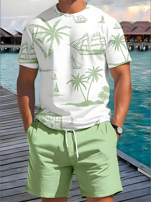 Summer Two Piece Casual Daily Men's Short sleeved Shorts Set Hawaii Printed Men's T-shirt Outdoor Sports Men's