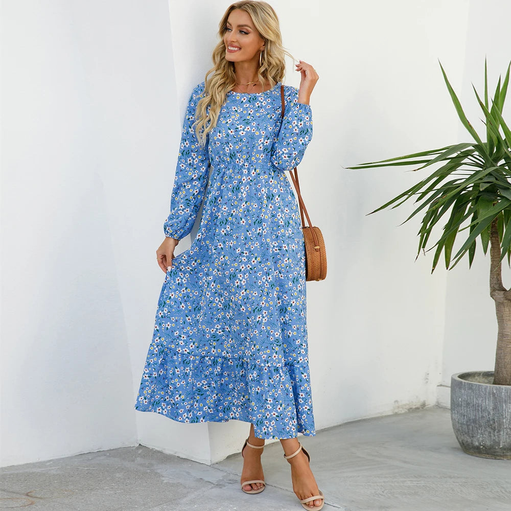 Bohemian Women's Maxi Dress Casual Long Sleeve High Waist Beach Woman Chiffon Dresses Floral