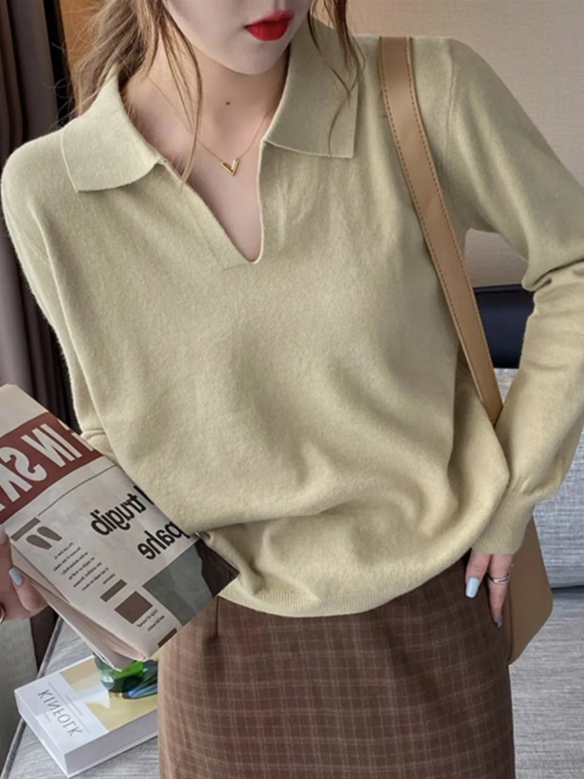 Polo Neck Sweater Pullovers Long Sleeve Tops Women Autumn Winter Clothes Knit Soft Jumper Streetwear Simple Sweater