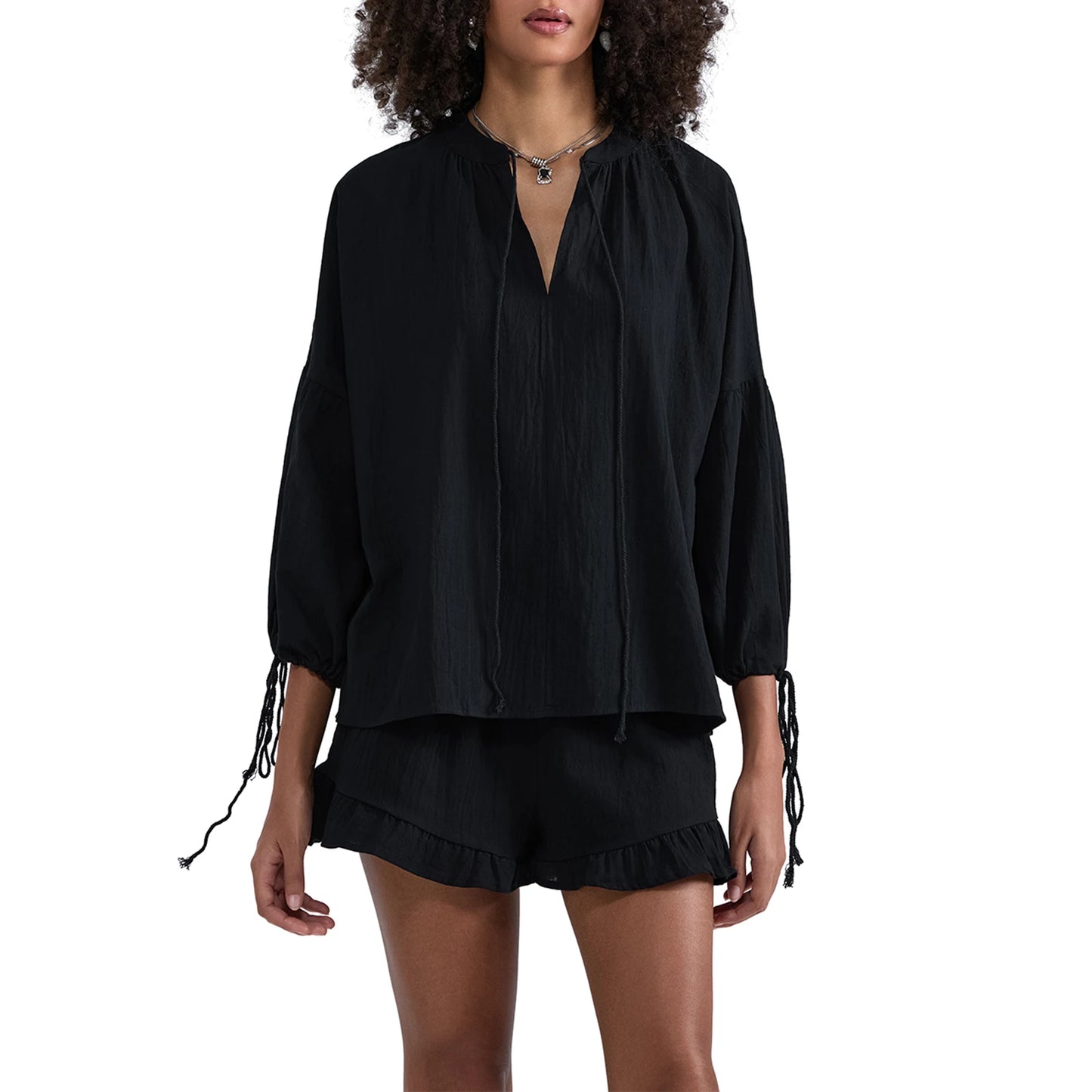 Casual Women s Summer Outfit Stylish Long Sleeve V-Neck Top with Tie-Up Detail and Elastic Waist Shorts Set for a Chic Look