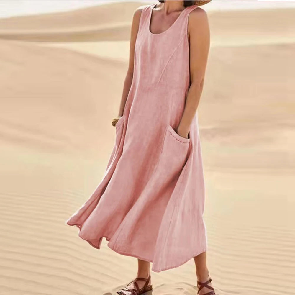 Cotton Linen Sleeveless Dress for Women Summer Pullover Fashion Female Clothing Short Sleeved Loose Long Dress