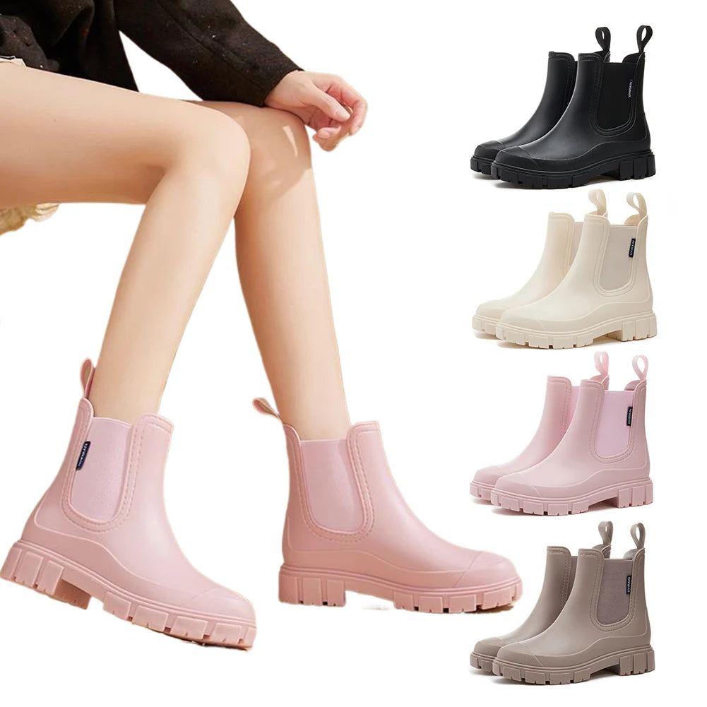 Waterproof Wellington Boots Thick Sole Short Boots Non-Slip Fashion Rain Boots Breathable Wide Toe