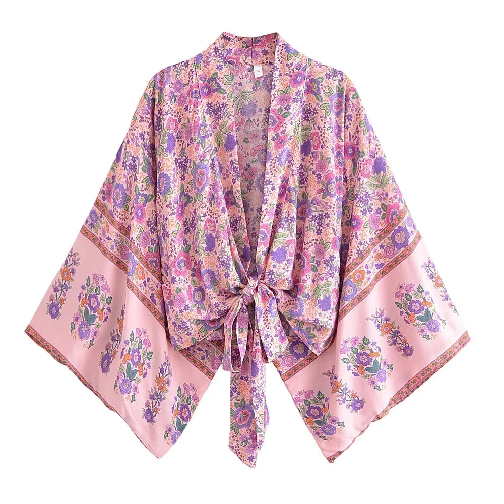 Hippie Queens Floral Print Sashes Short  Kimono Women Fashion V Neck Batwing Sleeves Lady Boho Bikini Cover-ups