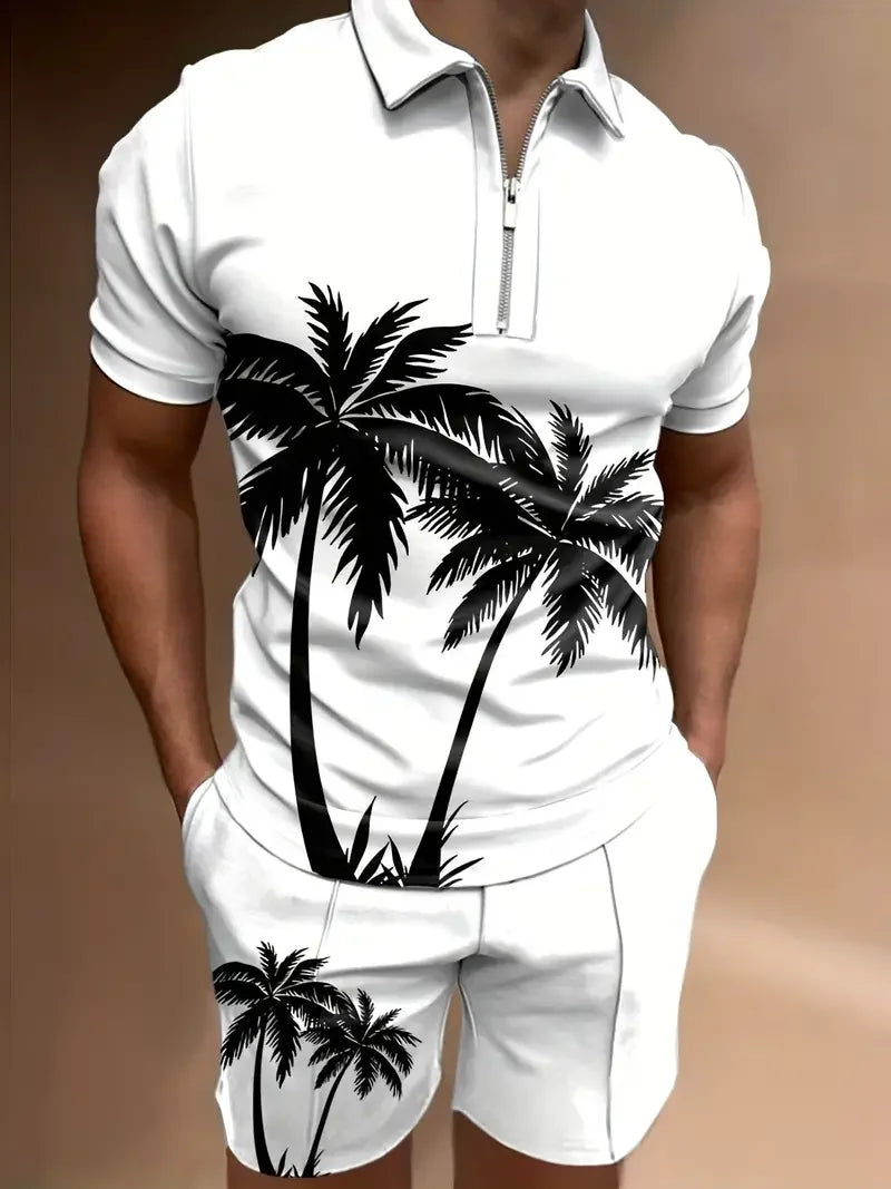Zipper POLO Shirt Shorts Set Summer Fashion Casual Men's Sports Set 3D Printed Simple Style Lapel Zipper POLO Shirt 2 Sets
