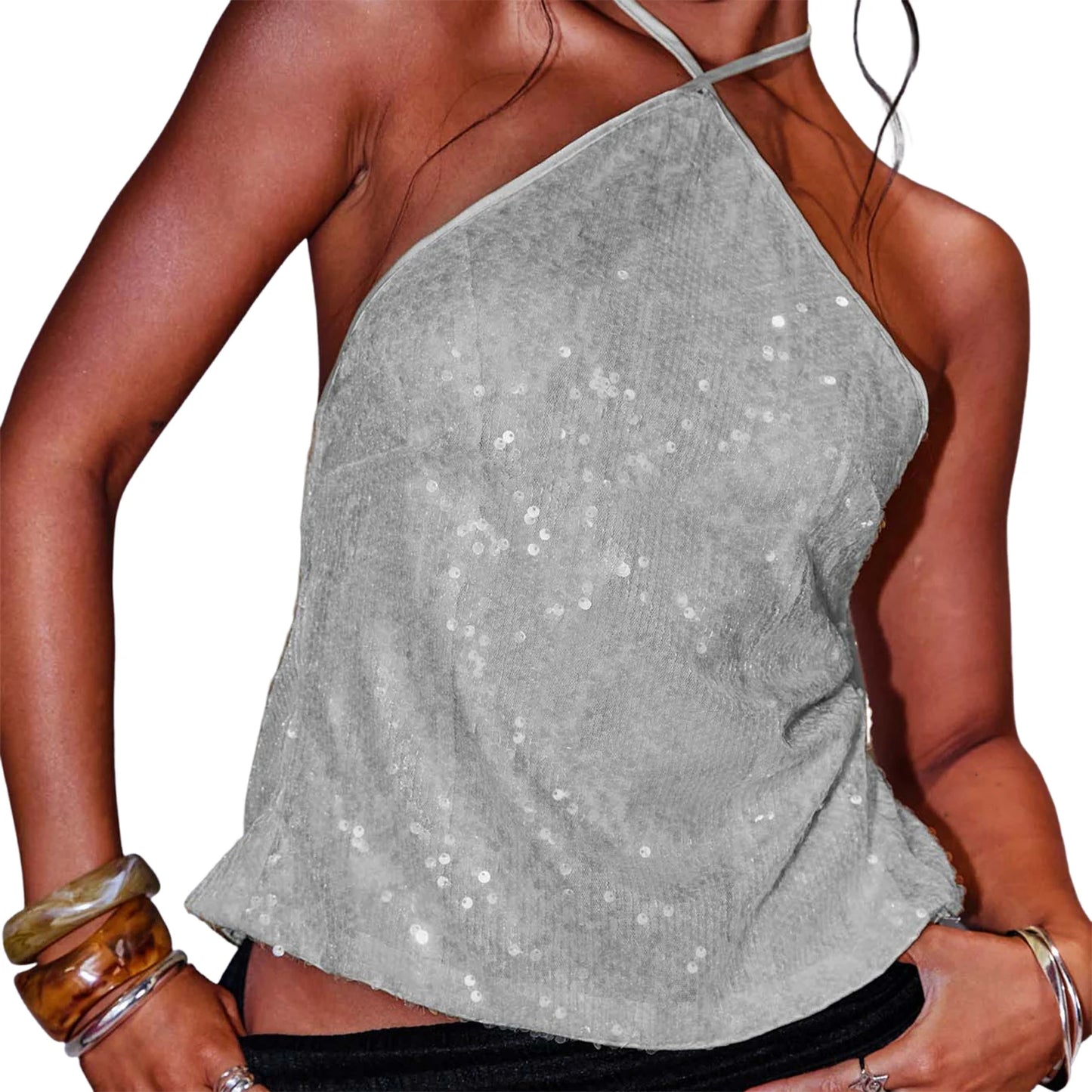 Sequined Halter Neck Crop Top with Tie-Up Back and Sleeveless Design for Women s Streetwear Fashion and Grunge Style Clothing