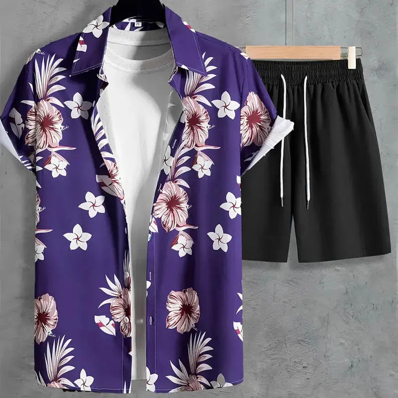 Fun 3D Flower Pattern Men's Hawaiian Shirt Sets Summer Short Sleeve Tops Beach Shorts 2 Piece Casual Vacation Outfit Clothing