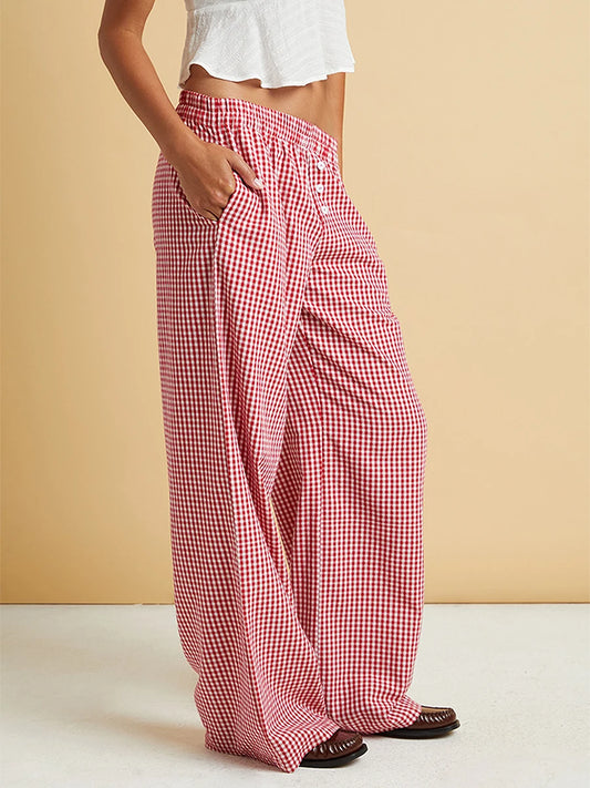Women s Plaid Wide-Leg Pants with Button Detailing Elastic Waistband and Loose Fit for a Casual Spring Summer Look - Stylish