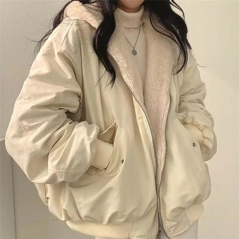 Casual Thicken Double Sided Jackets Coat Hooded Loose Zip Up Jackets Solid Simple Niche Versatile Coat