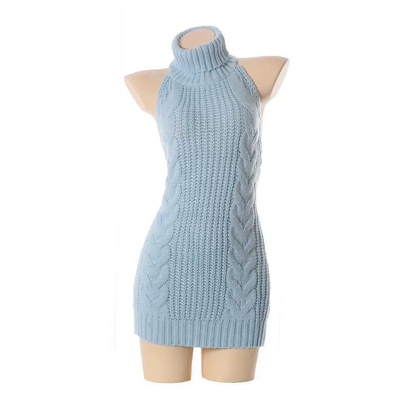 Fashion Backless Sleeveless Off Shoulder Knitted Pullover Sweaters Turtleneck Jumper