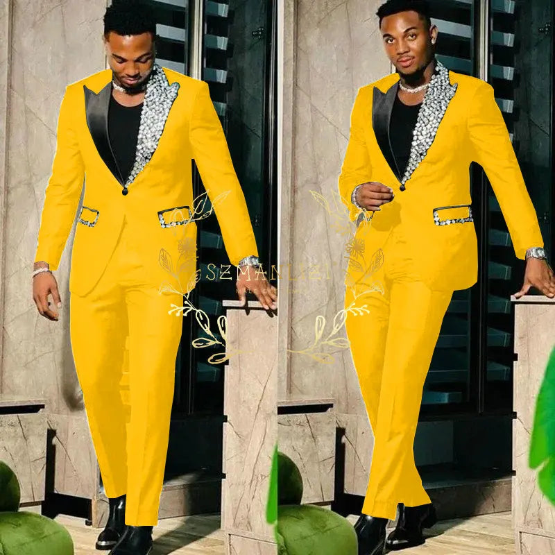 Suits for Men Slim Fit Single Breasted Peak Lapel Blazer High Quality Crystal Prom Party 2 Piece Jacket Pants Sets Terno