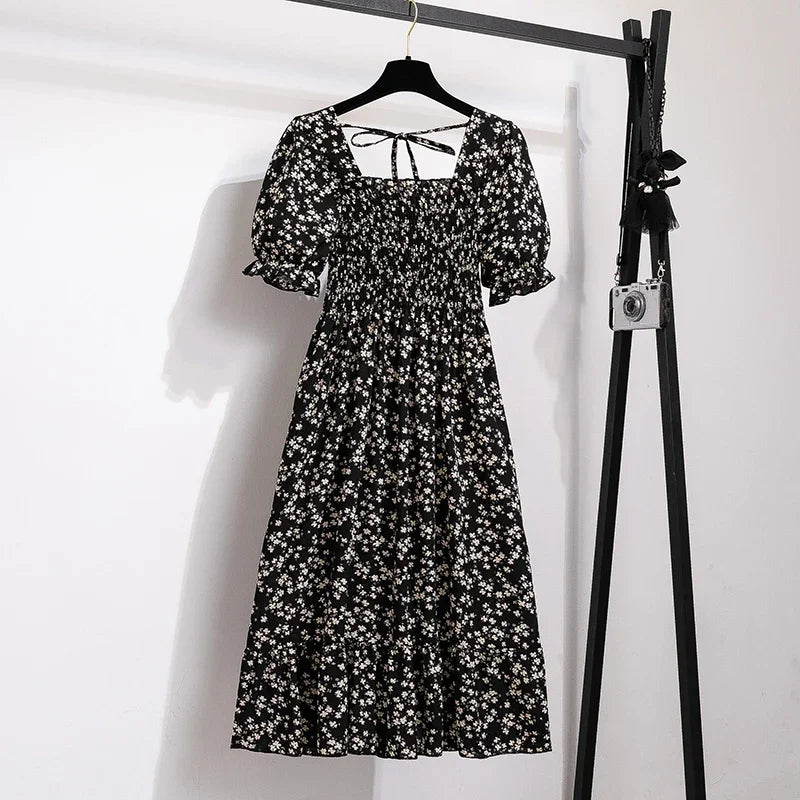 Chiffon Dresses Fashion Female Elastic Waist Short Sleeve Pleated Casual Dress Women A-line Dresses