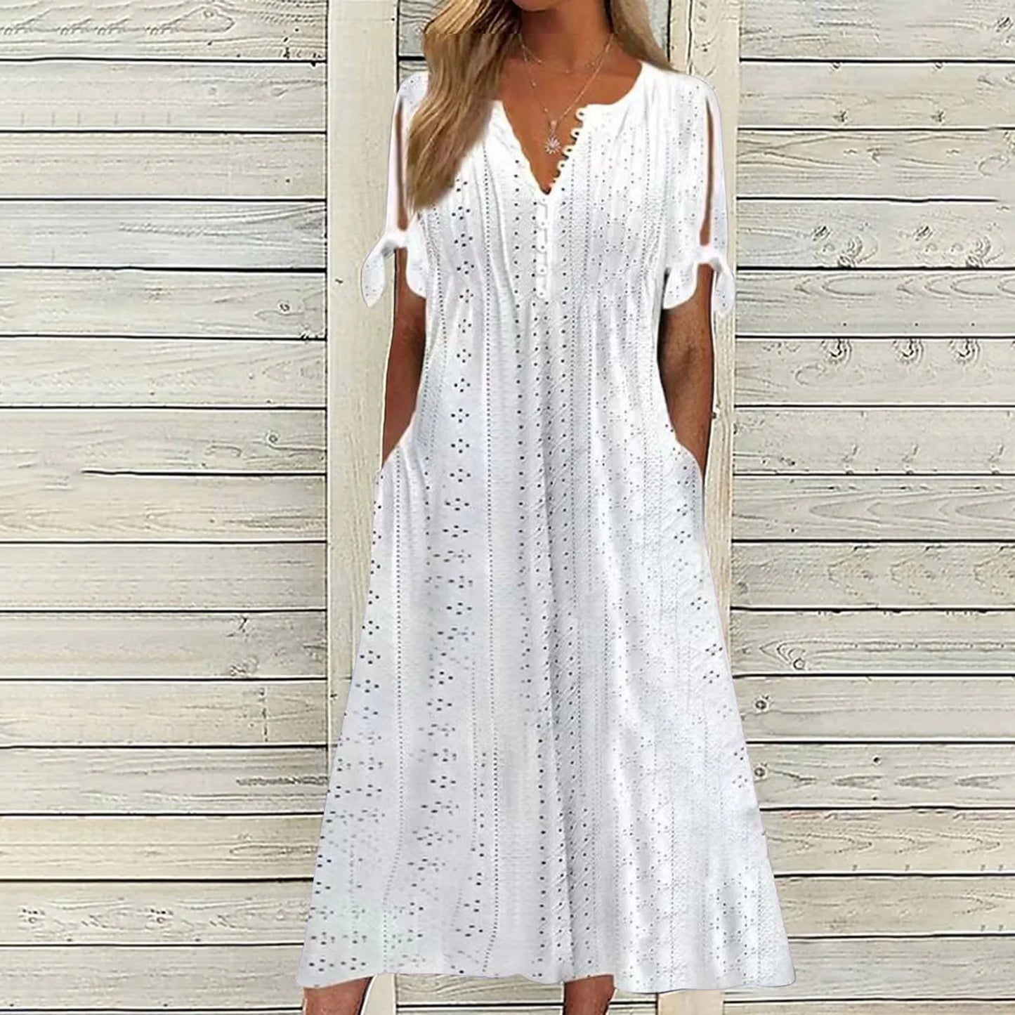 Dresses for Elegant Ladies Party Dresses Hollow Out Bow Short Sleeve Lace Waist Pocket Wedding Mother Dress