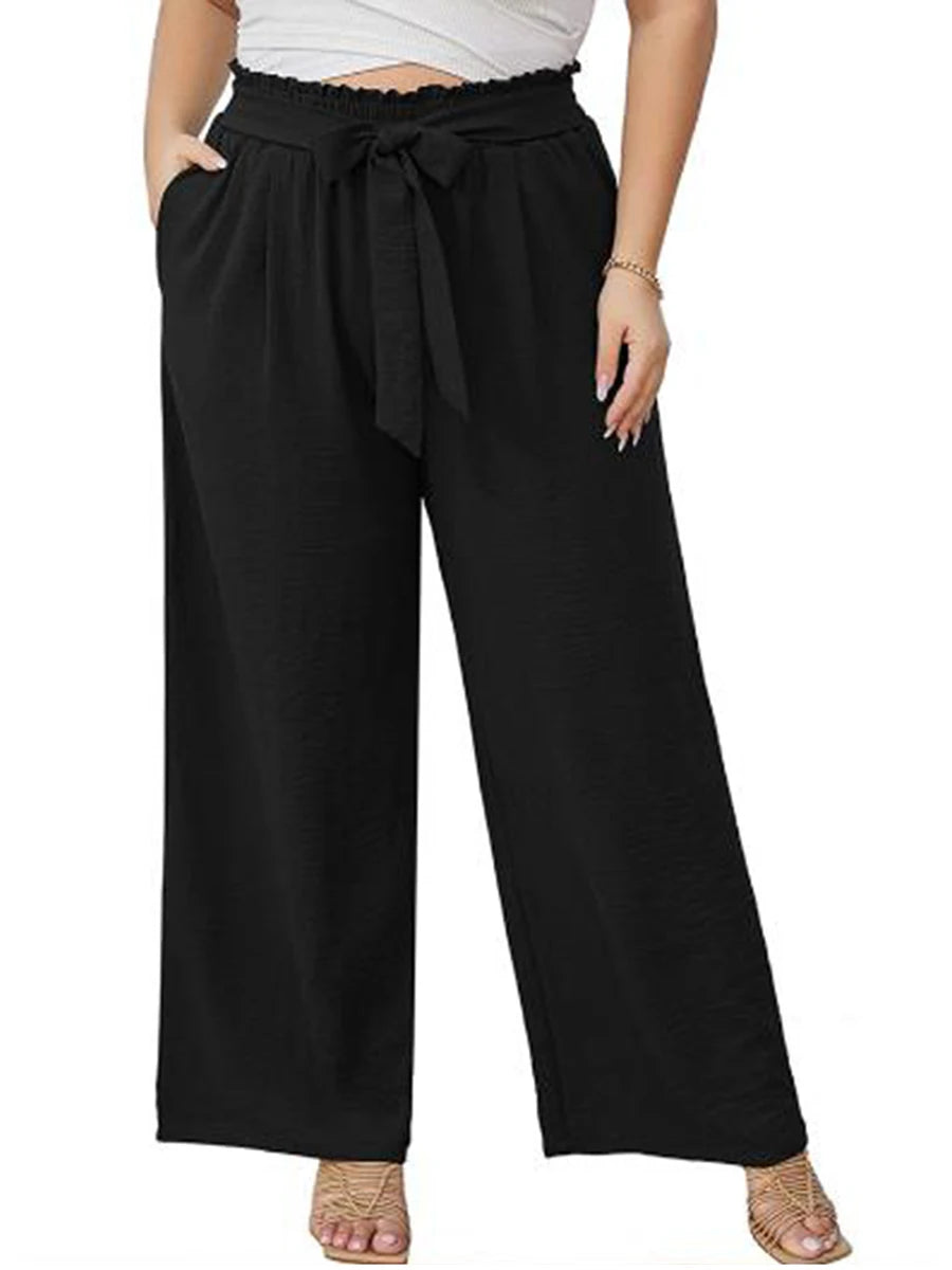 Women s Fashionable Wide Leg Trousers in Plus Size with Stylish Tie-Up Belt and Convenient Pockets for a Chic Look