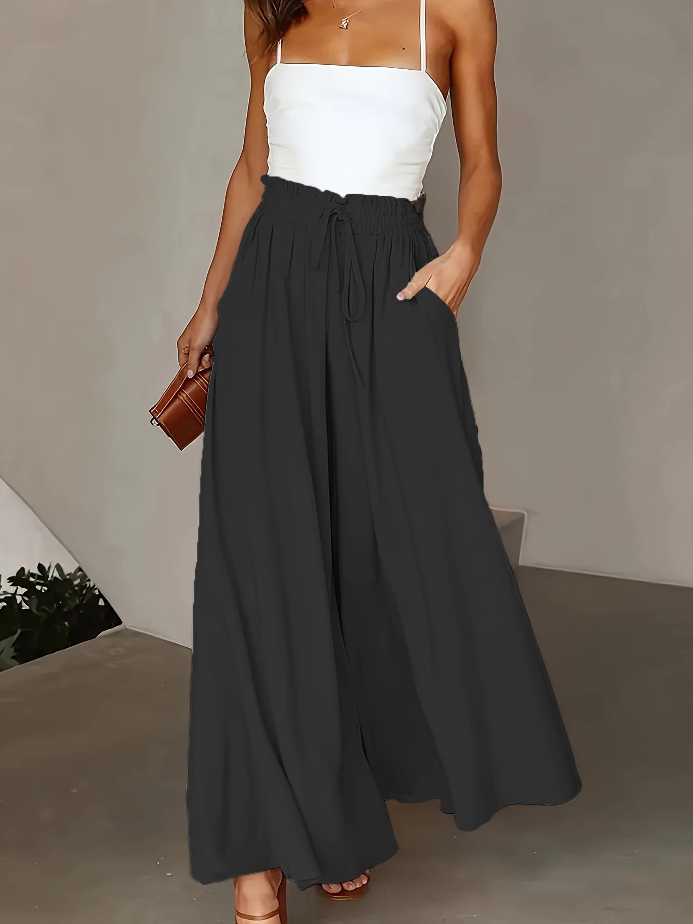 Plus Size Wide Leg Pants Comfortable Slight Stretch Fabric Elegant Solid Color Design Pocket Details Drawstring Elastic