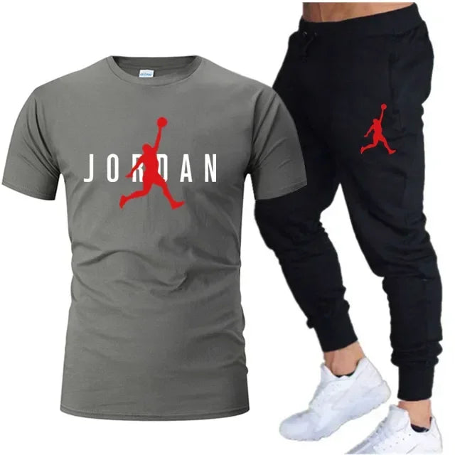 Summer Men's Tracksuit Suit Brand Short Sleeve T-Shirt + Trousers 2-Piece Sets Fitness Jogging Sports Pants Sportswear Suit