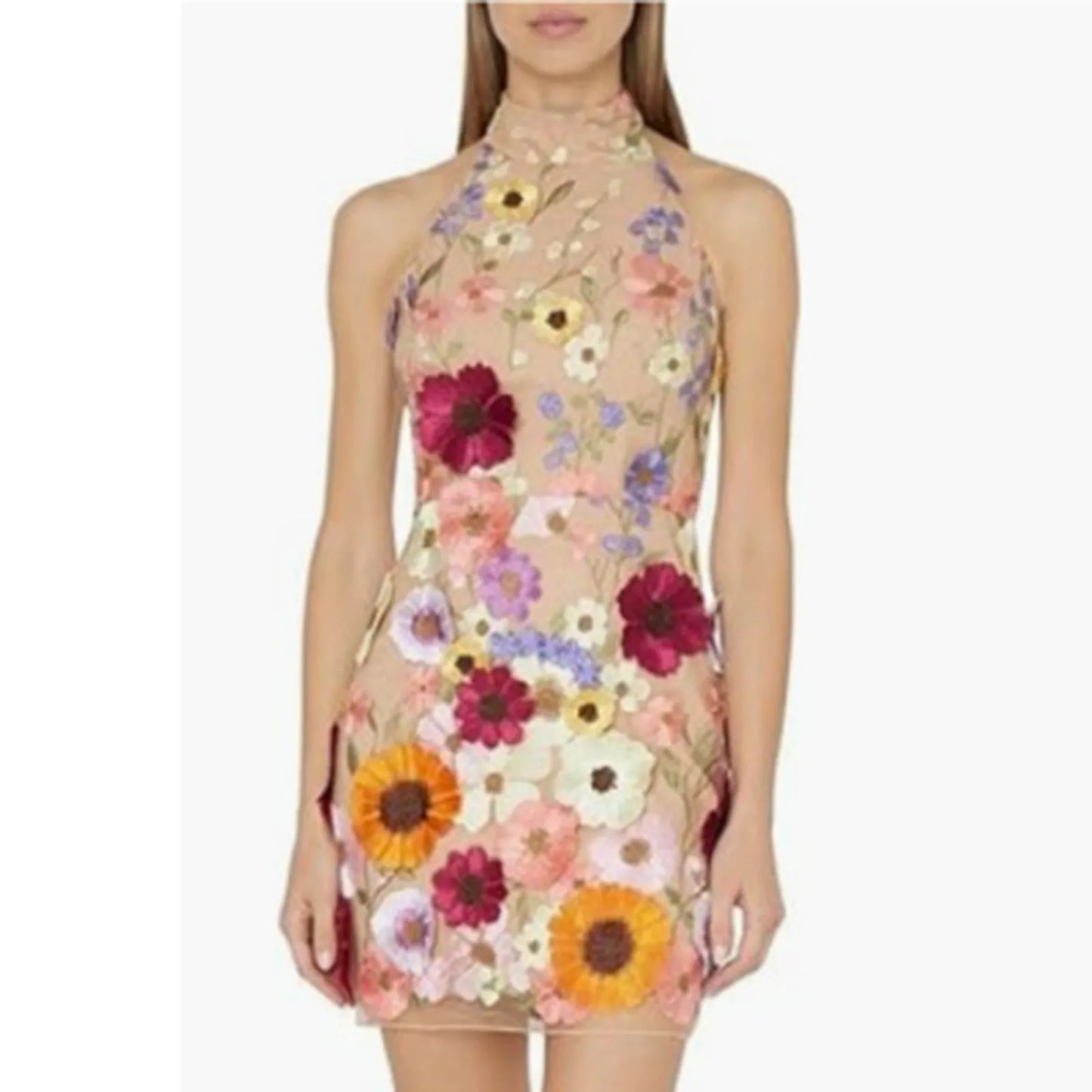 Oscar De La Renta Women Dress Vintage Backless Sexy Elegant Party Dress Mini Chiffon Floral Embroidery Mesh Lace Cocktail Dress