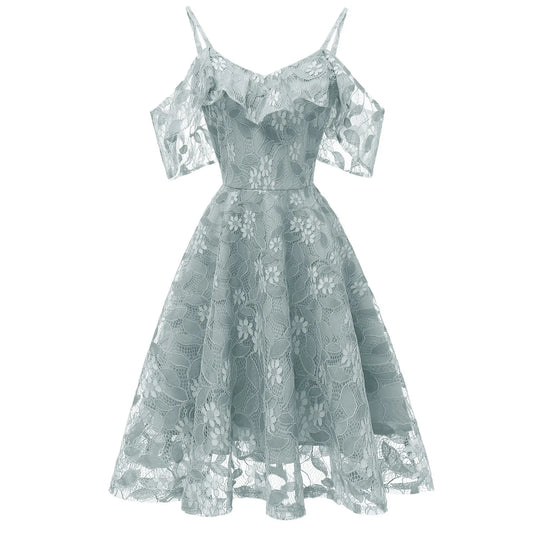 Women Elegant  Princess Dress Ladies Casual Floral Lace Spaghetti Strap Dresses Cocktail Party Swing Dress