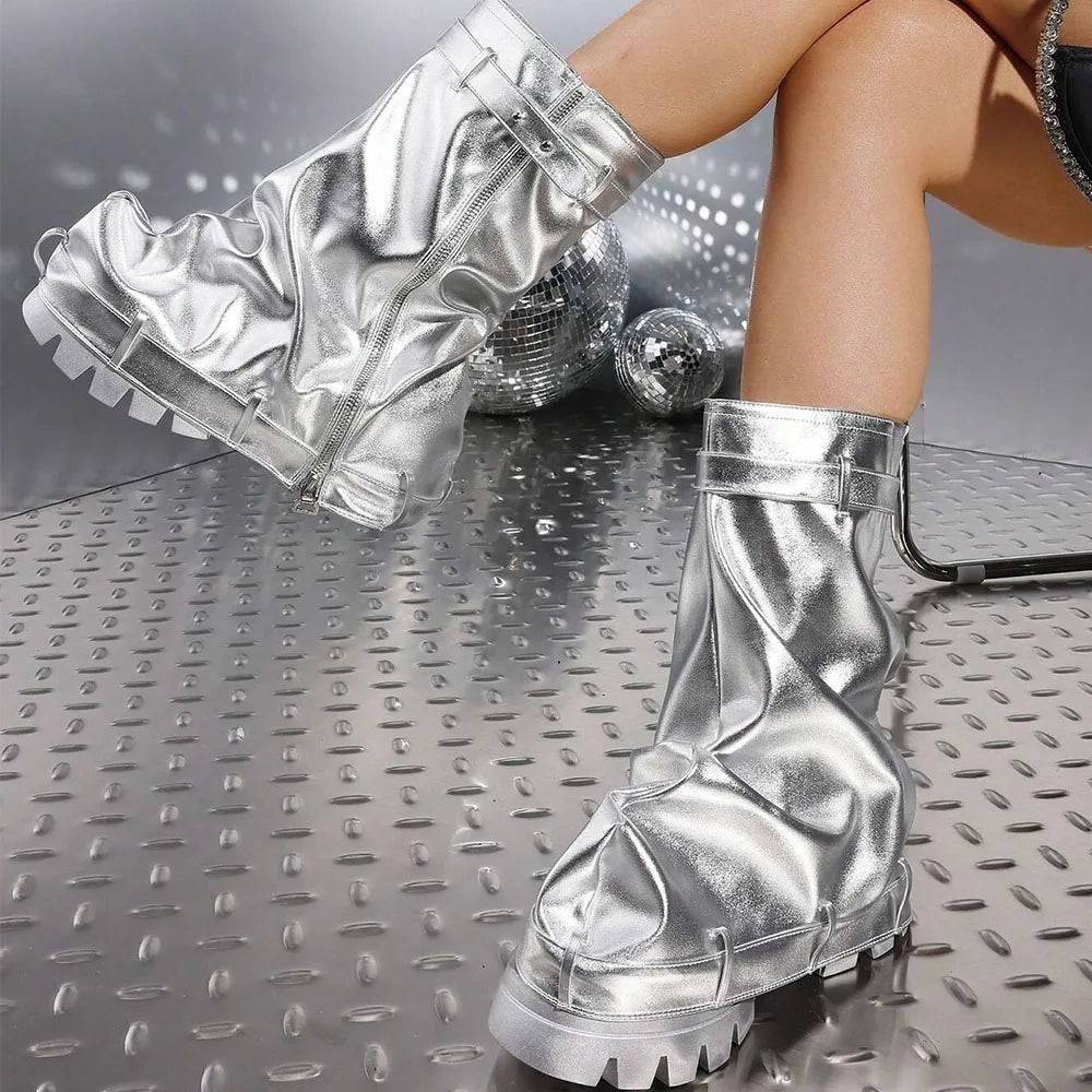 Fold Over Boots Chunky High Heels Mid Calf Platform Punk Gothic Fashion