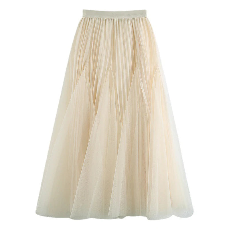 Irregular Stitching Mesh Large Swing Pleated  High Waist Mid Length Puffy Skirt