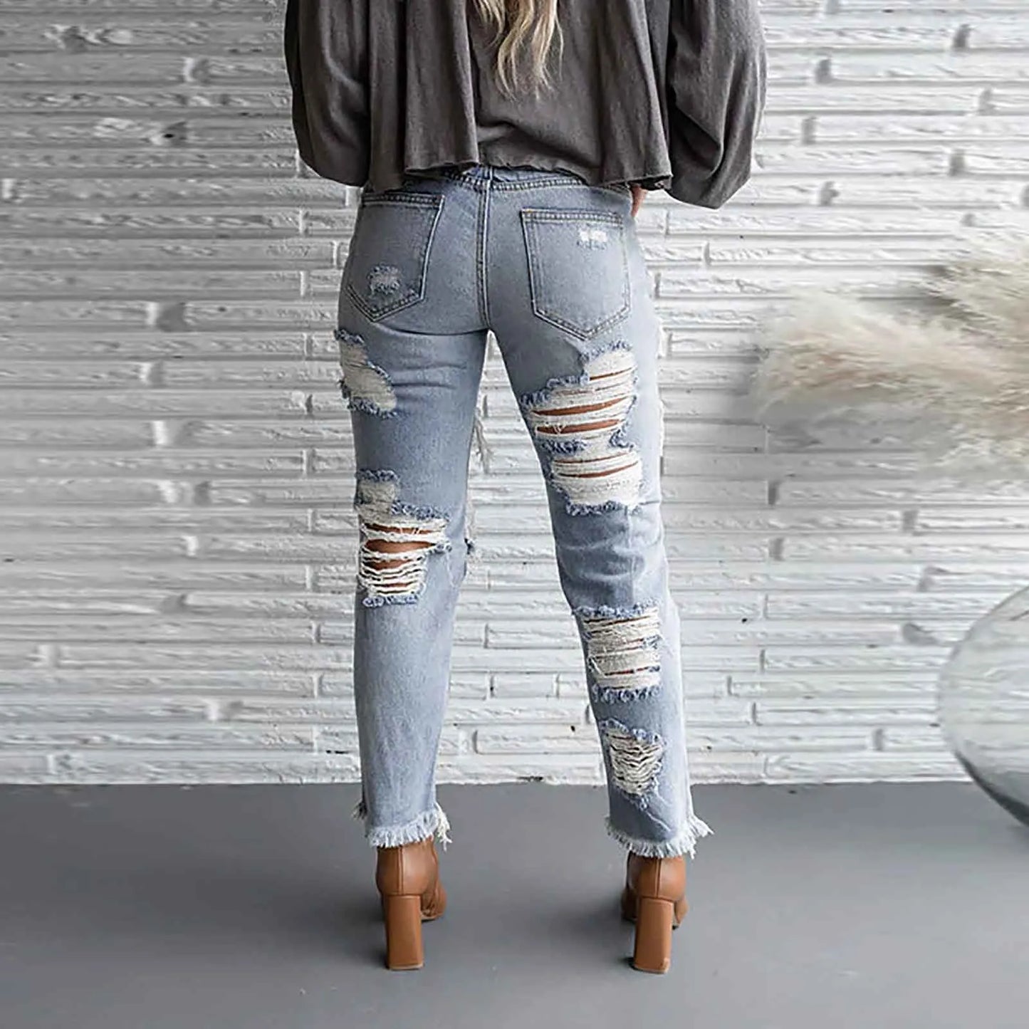 Fashion Streetwear Holes Jeans Women Summer Mid High Waist Distressed Ripped Denim Pants Stylish American Style Jeans Pants