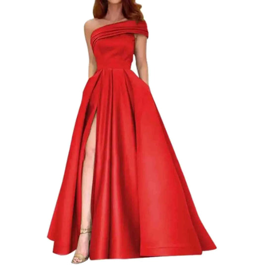 Sexy Strapless Satin Evening Dress for Women Luxury and Elegant One-shoulder Dress High Slits