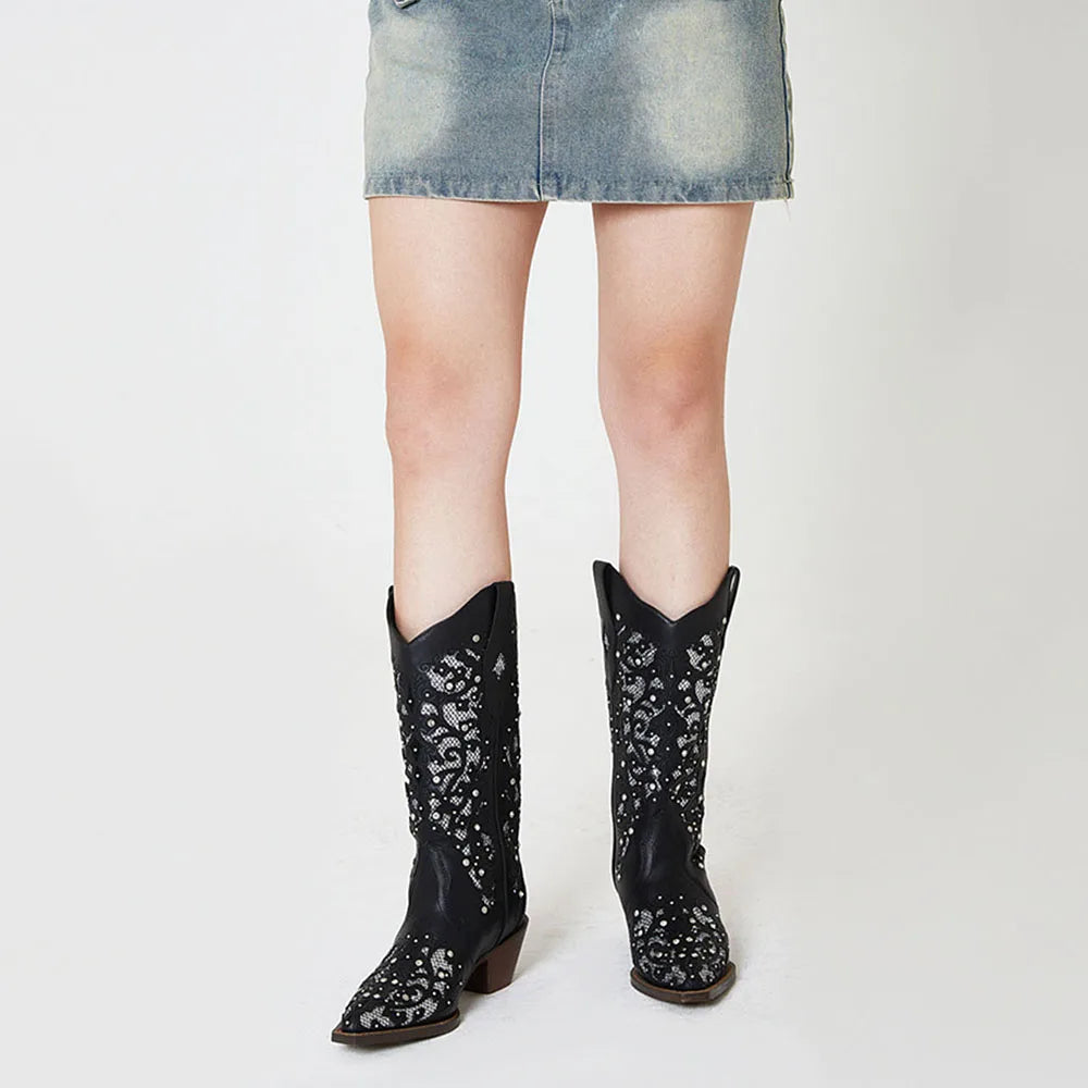 Rhinestone Western Mid-Calf Boots For Woman Block Mid Heel Pull-On Pointed Toe Hollow Out Retro Cowboy Boots
