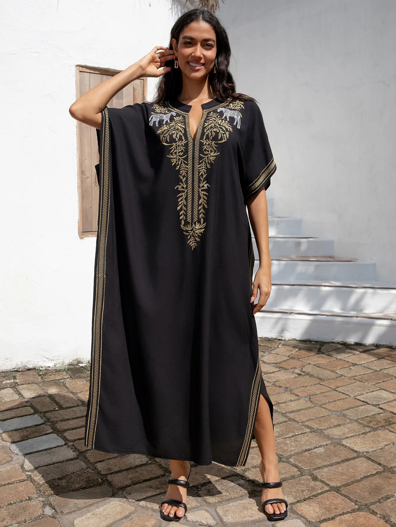 Embroidery Black Women Cover-ups  Loose Fitting Long Robe Beach Vacation V-neck Sunscreen Clothing Kaftan