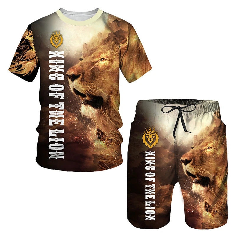 Ferocious Lion Summer Tracksuit Set 3D Printed Casual Men's T-shirt Shorts Male Sportswear Short Sleeve 2 Pieces Clothing Outfit