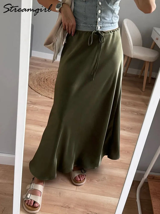 Long Satin Skirt  A Line Tie Up