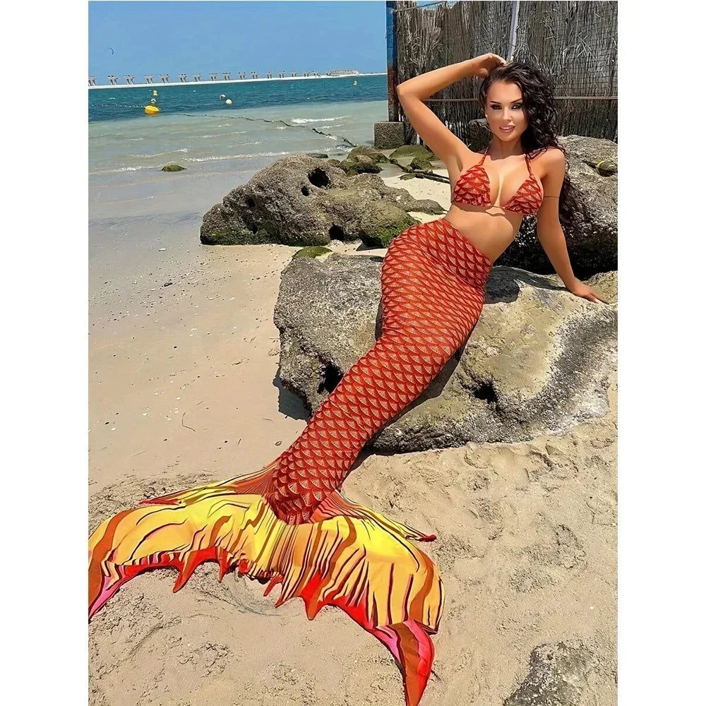 Mermaid Swimsuit 3-piece Beach Bikini Fishtail High Waist Bathing Suit Sexy Slim Triangle Suspender Backless Swimwear