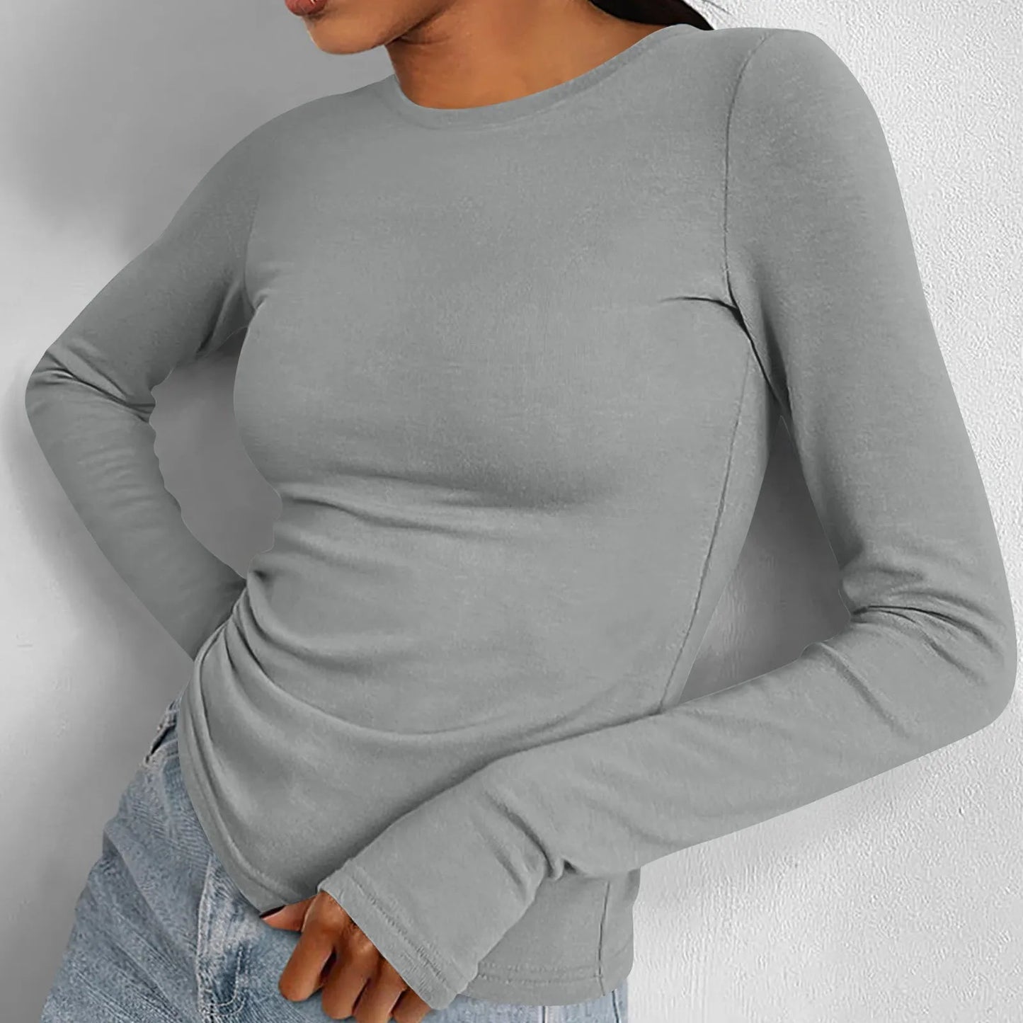 Casual Long Sleeve Women T-Shirt Round Neck  T Shirts Elegant Ladies Glove Finger Tees Tops