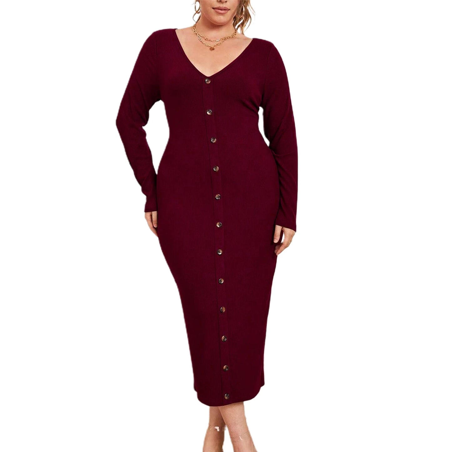 Ribbed Knit Maxi Dress with Long Sleeves and V-Neckline in Solid Color