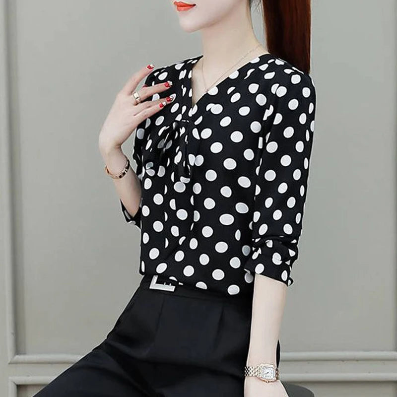 Bow Dot Print Elegant Blouse Spring Autumn