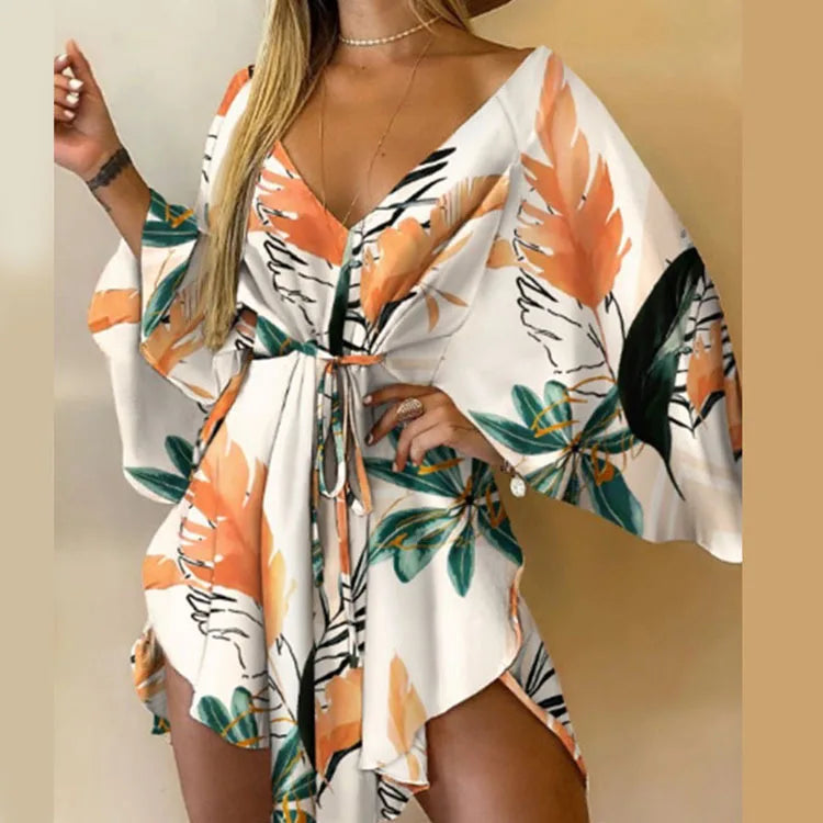 Women Print Dress Sexy V-Neck Bat Sleeve Ruffle Flowers Print Bohemian Beach Sundress Ladies Loose Summer Vacation Mini Dresses