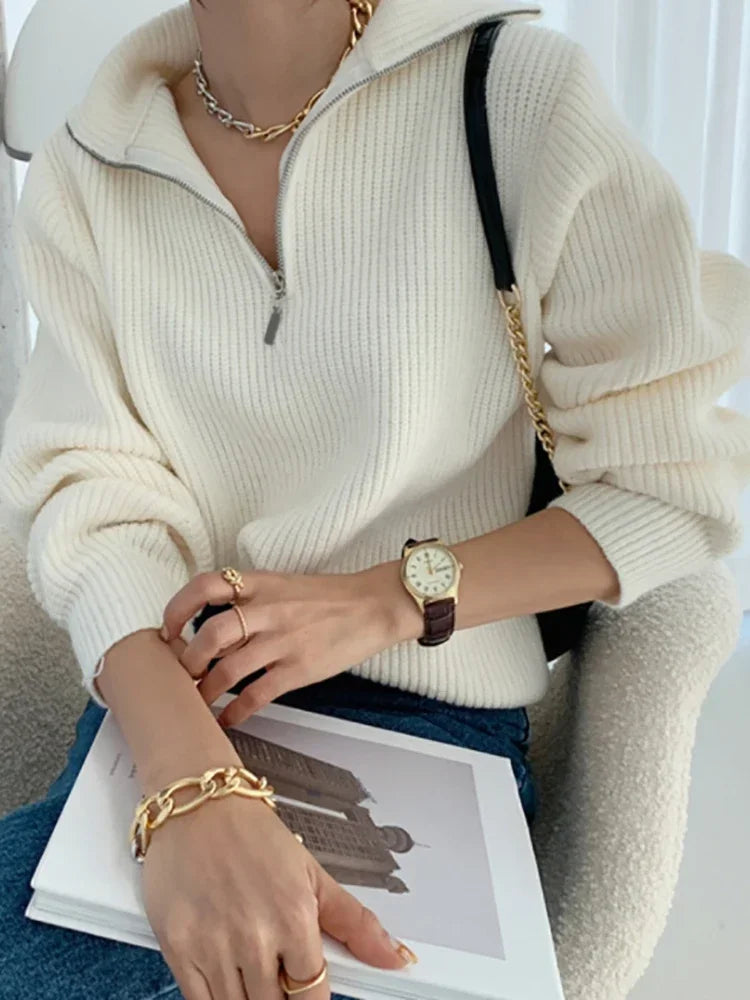 Fashion Women's Turtleneck Zippers Solid Loose Women Sweaters Pullover Long Sleeve Casual Knitted Sweater Woman