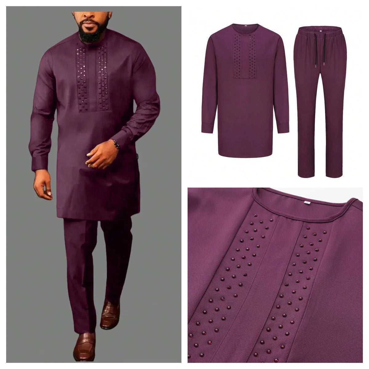 Men's  Wedding 2-Piece Suit Waist Pants Shirt Solid Color Panel Long Sleeve Party African Ethnic Style Clothing