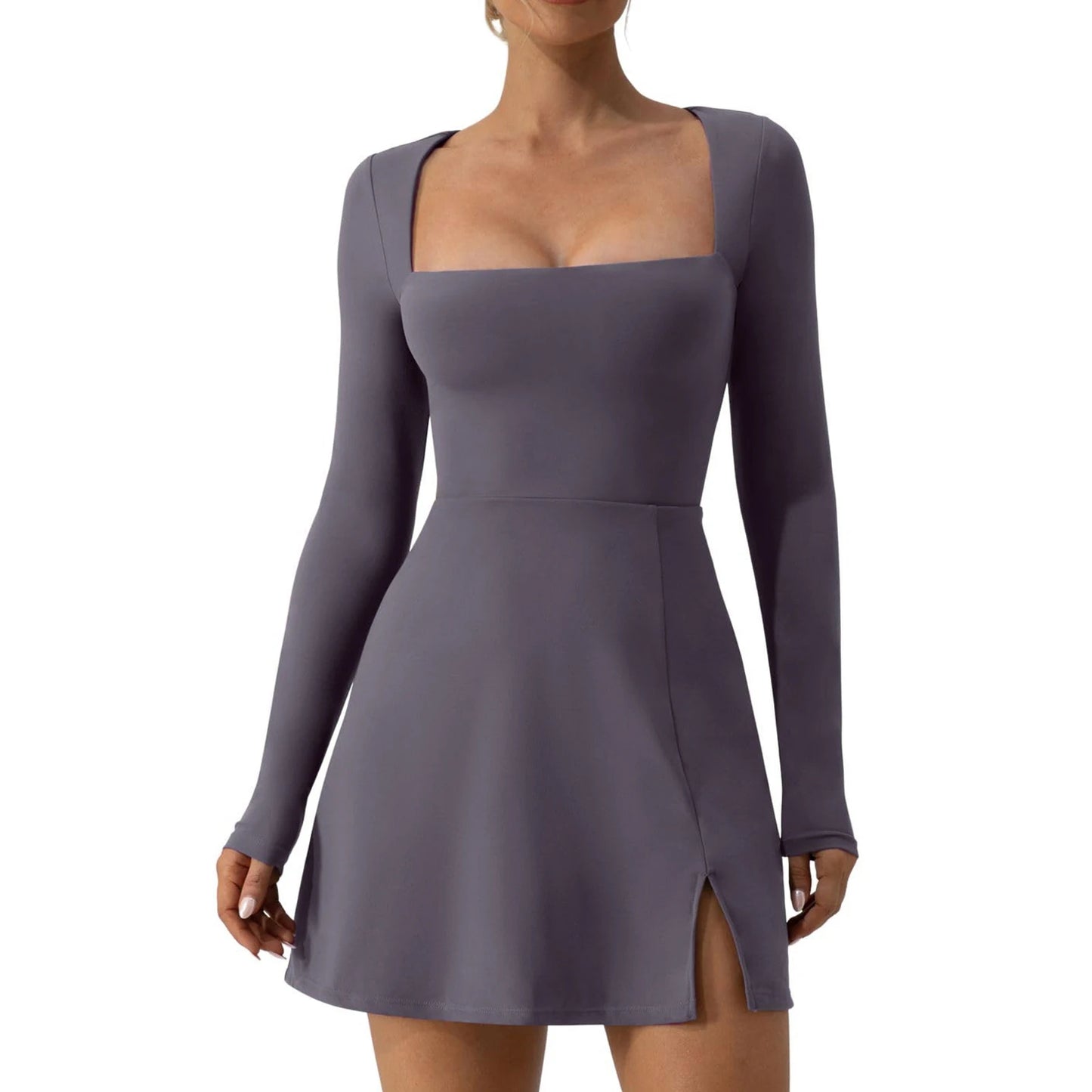 Short Dress Solid Color Long Sleeve Square Neck Split Hem Party Dress