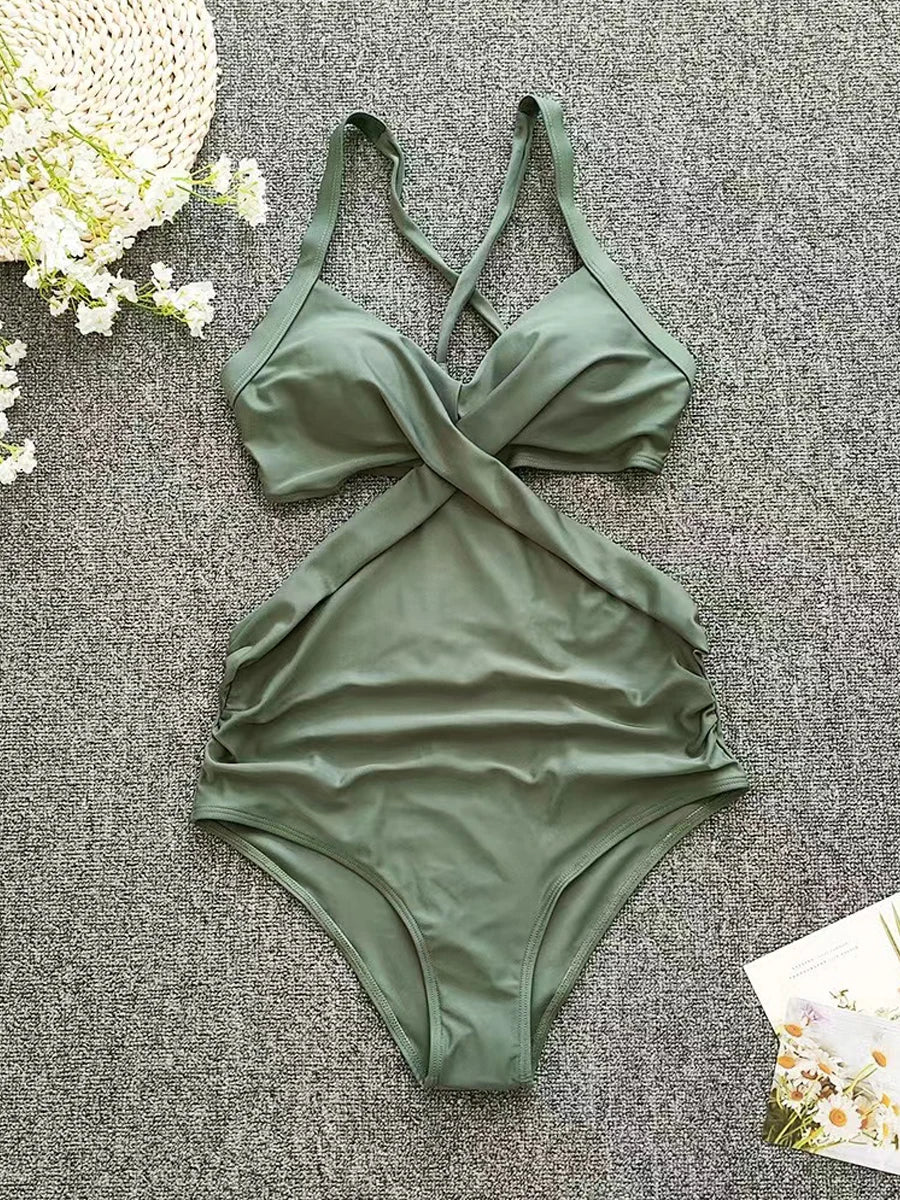 Solid Printed Swimwear Women Halter One Piece Swimsuit Female Swimming Monokini Suit Padded Beachwear