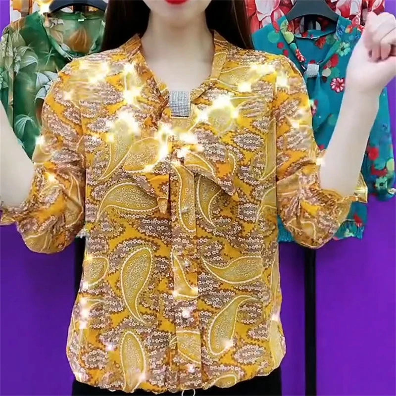 Ruffles Bow Rhinestone Floral Print Blouse