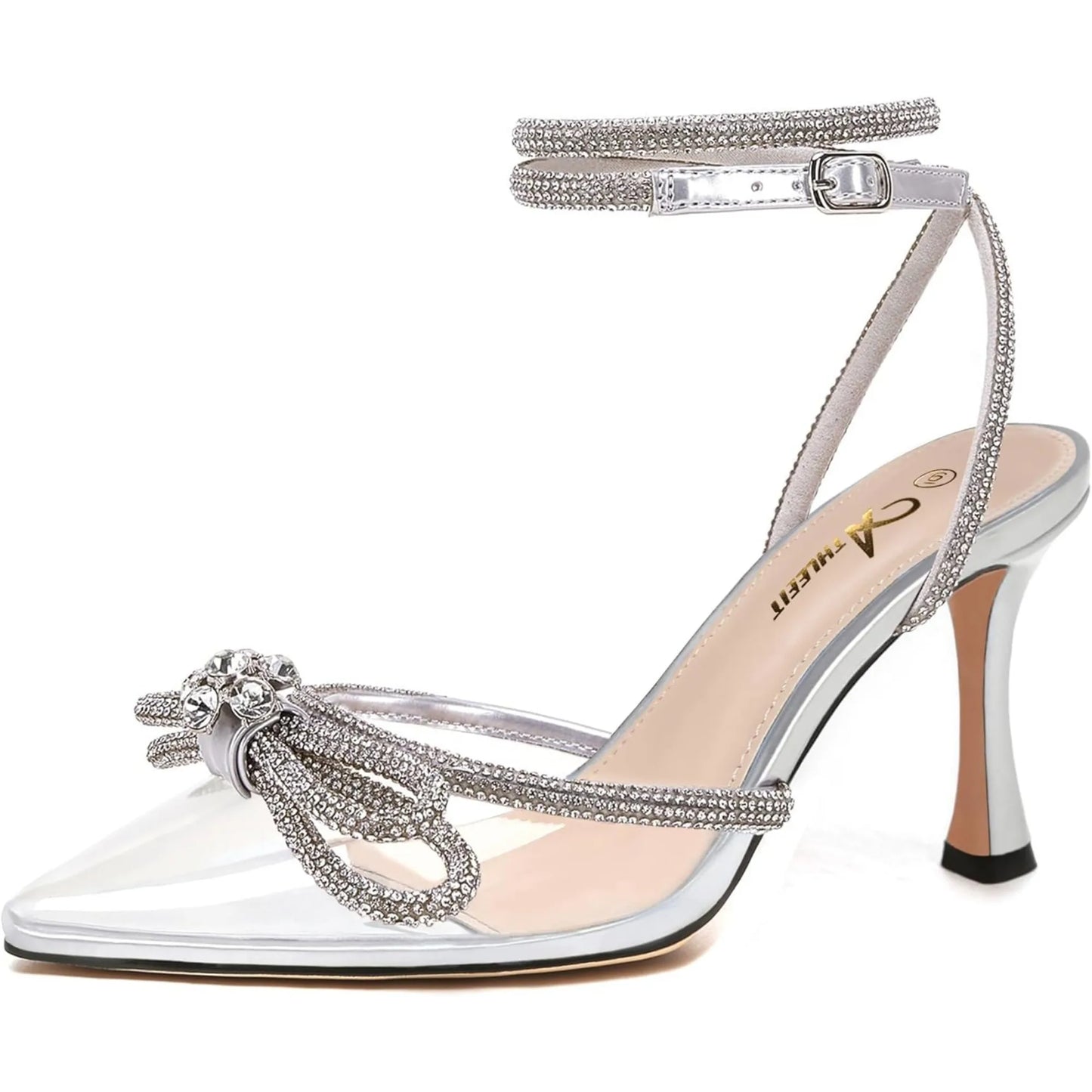 Rhinestone Bow Heels Ankle Strap Pointed Toe Stiletto Heeled Sandals